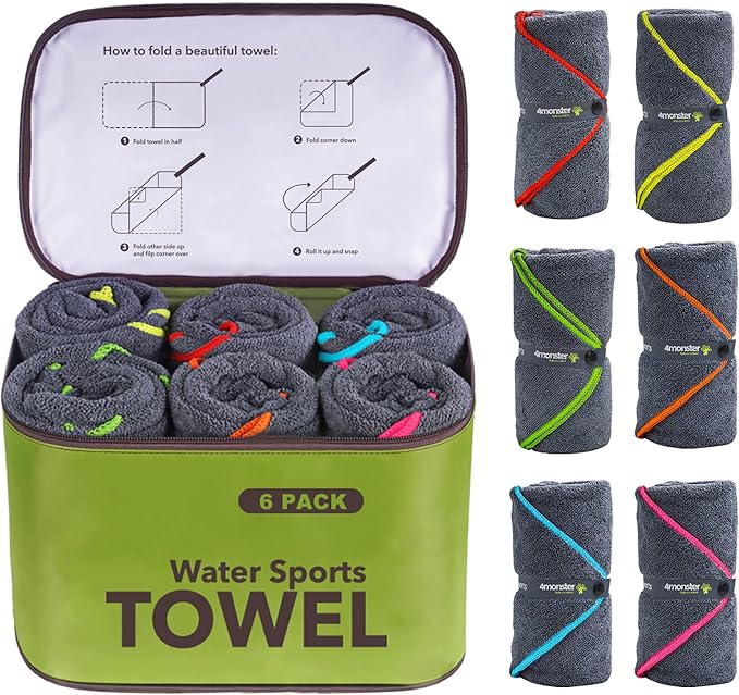 4Monster 4 Pack Microfiber Camping Towel Quick Dry, Super Absorbent Travel Towel with Waterproof Bag, Lightweight Boat Towel for RV, Sport, Gym, Beach, Pool, Swim,Family Trip