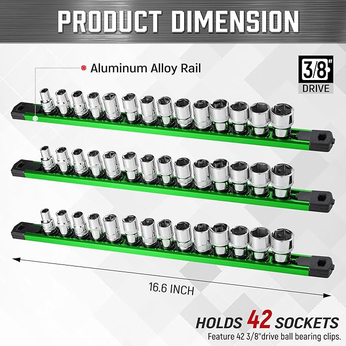 ALOANES 3-Piece Magnetic Socket Organizer, Heavy Duty Aluminum Socket Rails Organizer, 360° Swivel Clips Socket Holder Kit for Tool Box, 3/8-Inch Socket Holder x 42 Clips (Green)