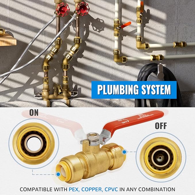 SUNGATOR 1/2 Inch Shut Off Valve, Ball Valve 1/2 Inch, Pushfit Plumbing Water Shutoff, No Lead Brass Push to Connect PEX Pipe, Copper, CPVC, PE-RT, With 1 Disconnect Clip, Pack of 4