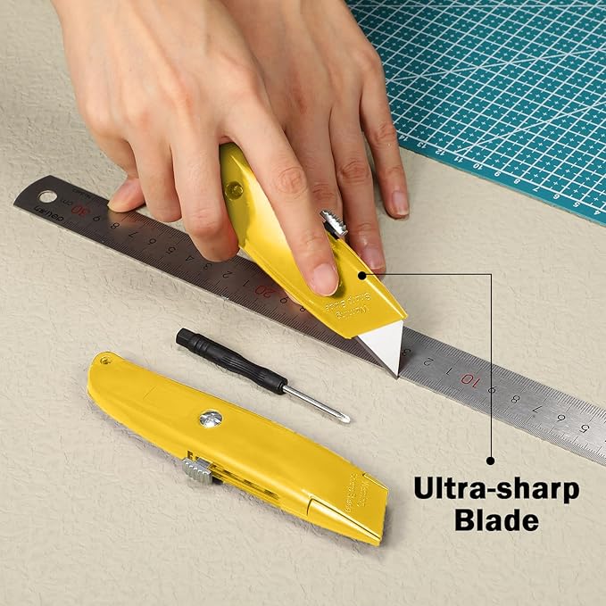 Reginary 30 Pcs Box Cutter Bulk Retractable Blade Utility Knife Heavy Duty Aluminum Alloy Razor Shell Knife for Cartons, Cardboard and Boxes, DIY, Factory, Home(Yellow)