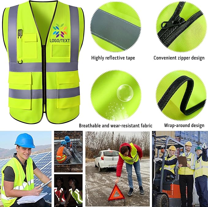 Custom Safety Vest with Logo for Men Women Personalized Class 2 High Visibility Reflective Vests with Pockets Zipper(S-5XL)