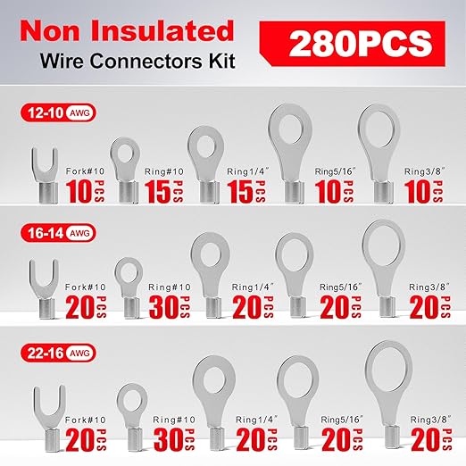 AIRIC Non Insulated Wire Connectors Kit, 22-10 AWG Uninsulated Connector, Bare Cable Ends, Electrical Crimp Terminals End, Wiring lugs for 22-10 Gauge Wires, Ring Fork Terminal, 280 PCS