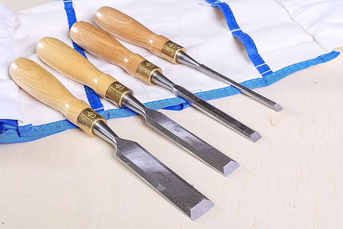 Finely Crafted Wood Chisel Set, 4 High-Performance Woodworking Chisels with Durable, Sharp CR-V Steel Blades Tempered to 60HRc, Chisel Set with Tool Roll from Schaaf Wood Carving Tools