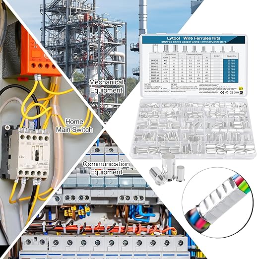300 Pcs Wire Ferrules Kits Silver Plated Copper Crimp Terminal Connector 8 Sizes AWG (1/0,2/0,2,4,6-5, 8-7, 10 12) Sleeves Insulated Cord Pin End Terminal