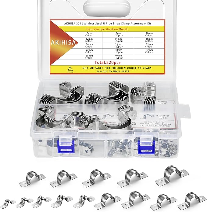 AKIHISA 220Pcs 14 Sizes Pipe Strap Clamp Assortment Kit, M5-M40 2 Holes U Tube Strap 304 Stainless Steel Clamps Set, Cable Clamp U Bracket Tube Strap Tension Clips for Pipe Tube Fixing