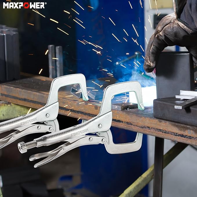 MAXPOWER 11-inch Locking C Clamp, Heavy Duty C-Clamp Locking Pliers with Regular Tip for Welding - 4 Pack