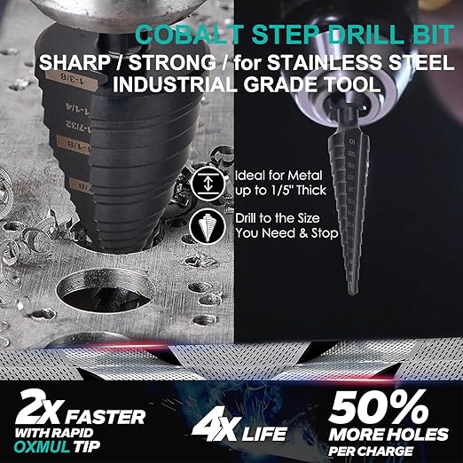 M35 Step Drill Bit for Metal, 3/16 to 7/8, Cobalt Drill Bits, Extra-Heavy Duty for Stainless Steel, Hard Steel, Mild Metal, Aluminum, Wood, Industrial Grade, 12-Steps. Co78Z