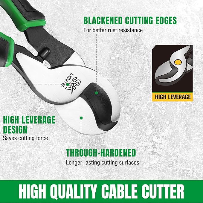 SK 9.5-Inch Cable Cutter, Heavy-Duty Wire Cutter, High Leverage Cable Cutting Pliers with Knurled Handle, Premium CR-V Steel, for Aluminum, Copper, Wire, and Communications Cable