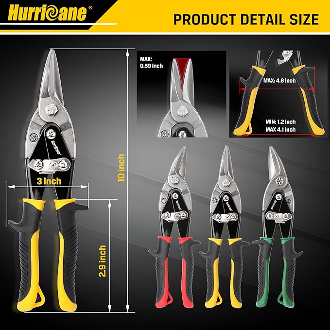 HURRICANE 3 pc Aviation Tin Snips Set, Metal Cutter Shear for Cut Sheet Metal, Chrome Vanadium Steel, Straight Left and Right, Ergonomical TyreGrip Handle with Hang Hole and Safety Latch