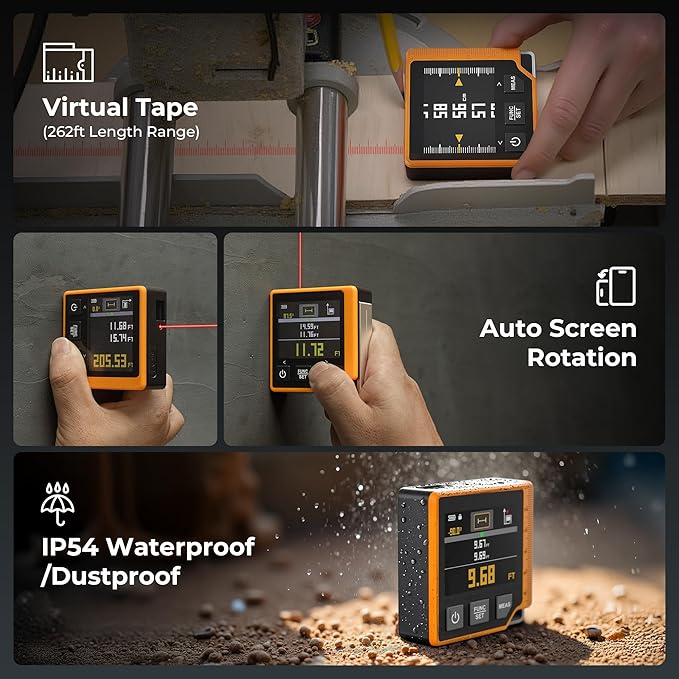 Laser Measuring Tool, 262ft Laser Measure with Digital Angle Finder & Level, Rechargeable Laser Measurement Tool with 2.4'' Color Backlit Display, 6 Units Ft/in/M, Length/Area/Volume/Pythagorean Mode