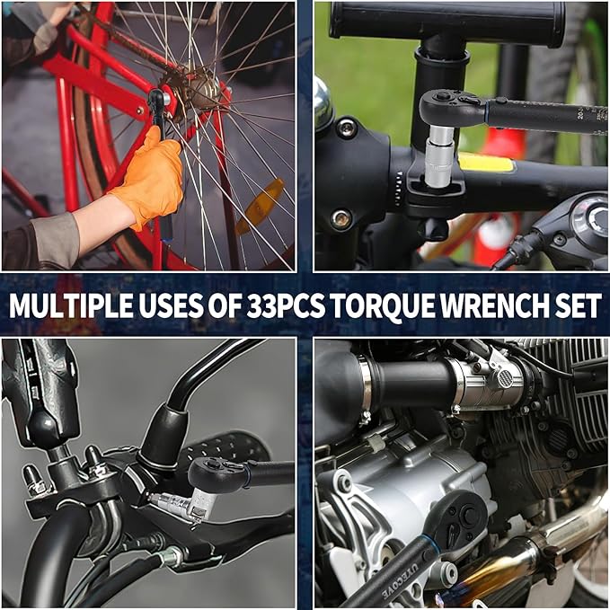 1/4-Inch Drive Click Torque Wrench Set, 33Pcs Bike Torque Wrench Set (20-240IN.LB/2.3-27.1Nm),Inch Pound Click Torque Wrench with Bit Sockets, 3/8 Adapter, Bicycle Tool Kit