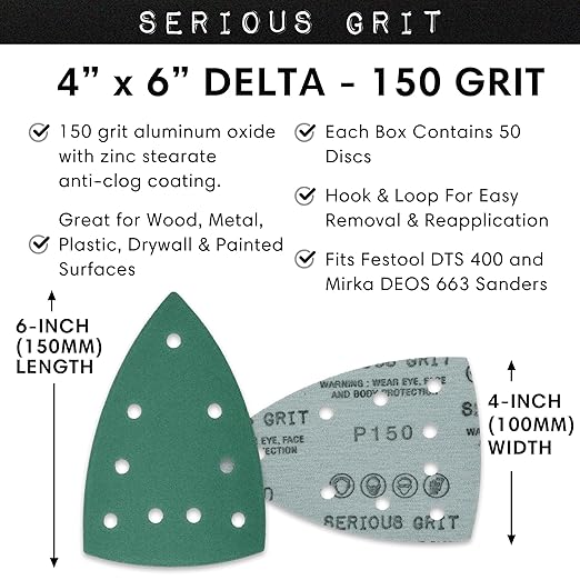 150 Grit 4" x 6" Delta (100mm x 150mm) Triangle Sanding Sheets - Fits Festool DTS 400 & Mirka DEOS Delta Sanders - Heavy-Duty Hook & Loop Film Sandpaper for Detail Sanders - 50 Pack Box