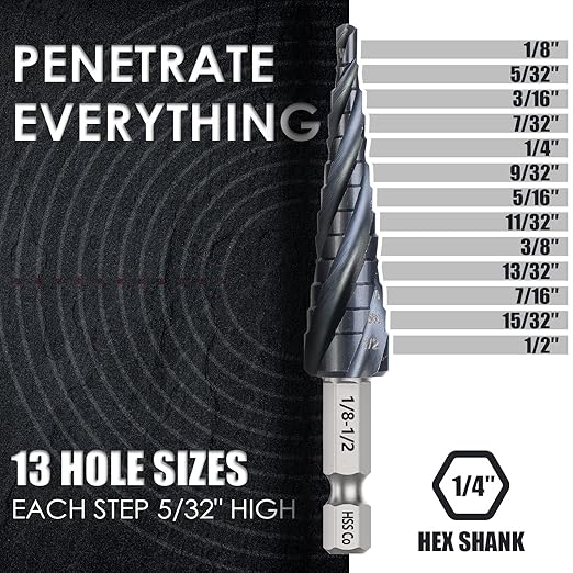 M35 Cobalt Step Drill Bit, Four Spiral Flute Unibit Step Drill Bit (1/8"-1/2") Wear-Resistant TiAlN Coated, 1/4" Hex Shank for Metal, Carbon Steel, Stainless Steel, Wood, Plastic (13 Size)