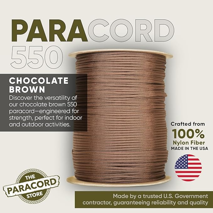 The Paracord Store | Type III 550 Paracord - 250 FT Spool, Chocolate Brown | Heavy Duty 7 Strand Tactical Paracord - USA Made Nylon Outdoor Parachute Cord for Camping, Fishing & More - Survival Cord
