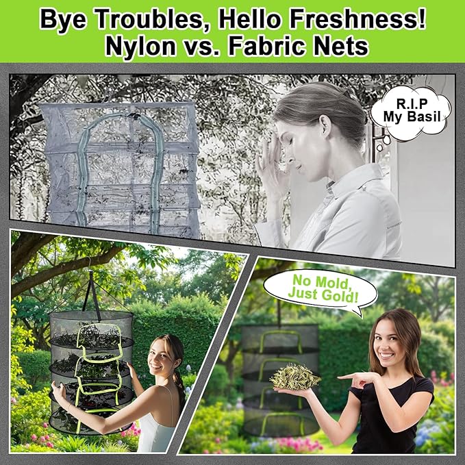 LUKETURE 4-Layer Herb Drying Rack Hanging Mesh Net,Windproof Drying Rack w/U-Zipper Design & Hook - Foldable & Collapsible for Plants, Herbs, Flowers, Fish, Clothes | Save Space | Natural Drying