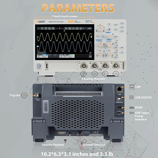Digital Oscilloscope ADS814A 100MHz Bandwidth OWON 4 Channel Oscilloscope with 1.25GSa/s Sample Rate 12bits Vertical Resolution 50M Memory Depth 7 inch LCD Oscillograph
