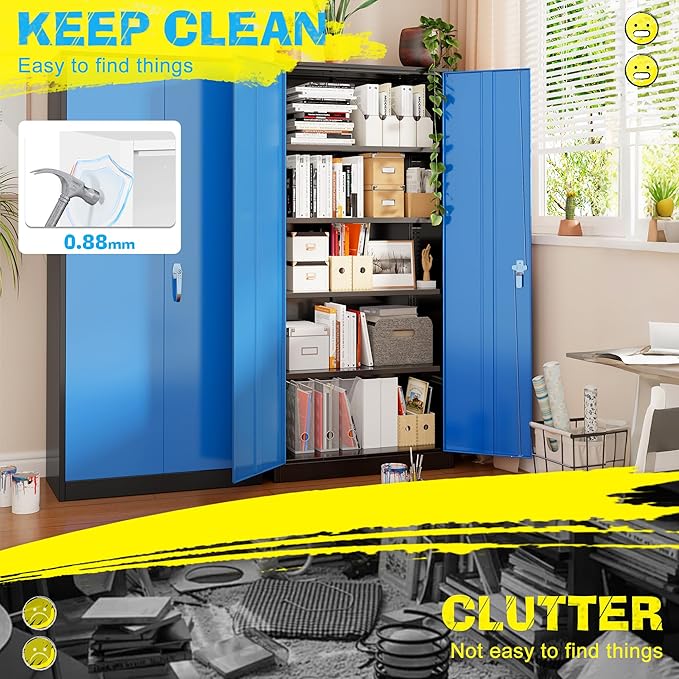 Pataku Metal Storage Cabinet, 71" Garage Cabinet with Doors and Shelves Lockable Steel Multifunctional Cabinets, File Cabinets for Home, Office, Garage, Warehouse(Dark Blue)