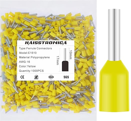 haisstronica 1000PCS Wire Ferrules Connectors,Yellow AWG16 Wire End Ferrule Terminals,Crimp Pin Cord End Terminals
