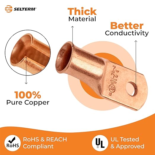 SELTERM 2pcs 2 AWG #10 Stud Copper Wire Lugs, Battery Lugs, Ring Terminals, Battery Cable Ends, 2 Gauge Ring Terminal Connectors, UL Heavy Duty Bare Copper Eyelets Battery Terminal Connectors