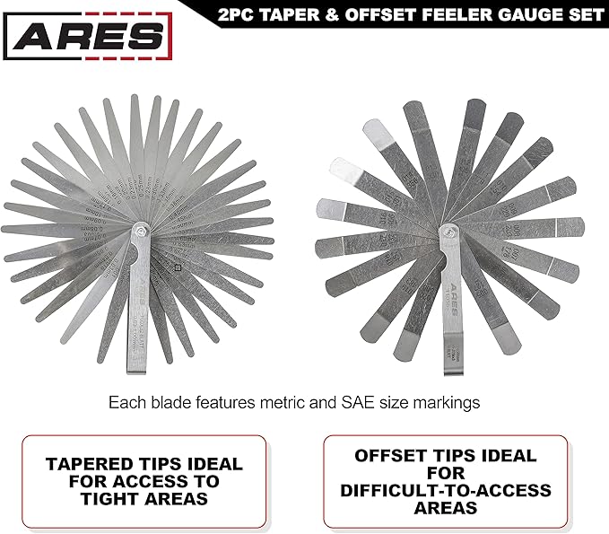 ARES 11042-2-Piece Tapered Feeler Gauge and Offset Feeler Gauge Set has 32 Dual-Marked SAE & Metric Sizes - Offset has 16 Dual-Marked Sizes - Precisely Measure Mechanical Clearances
