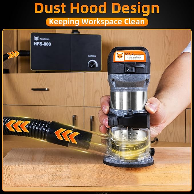 FoxAlien 1HP 710W 65mm Diameter Compact Palm Router for CNC Woodworking,6 Variable Speeds Max 30000 R/MIN Wood Trimmer with 1/4” Collet (110V)