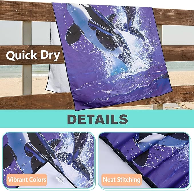 Killer Whale Beach Towel Oversized 36" x 72", Thin Lightweight Sand Free Quick Dry Microfiber Towel for Swimming Pool Cruise Camping Travel