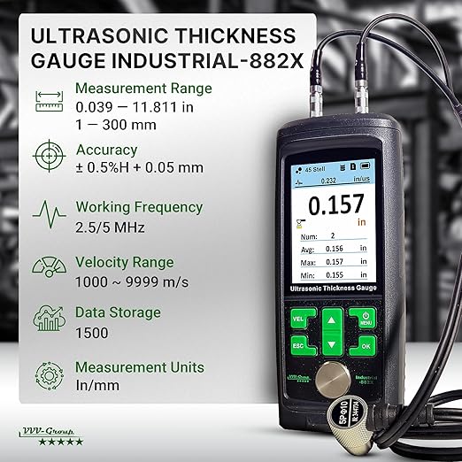 Ultrasonic Thickness Gauge Industrial-882X / Steel, Metals, Plastic, Glass, PVC, Pipes Thickness Gauge Meter – Range 0.039 to 11.811 inch (1-300mm) | Color LCD (All Material)