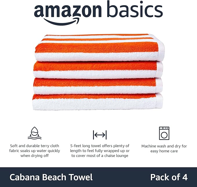 Amazon Basics Cabana Stripe Beach Towel, Pack of 4, Orange, 30 in x 60 in