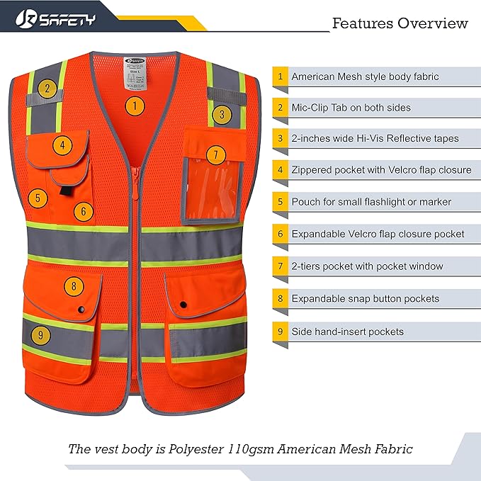 JKSafety 9 Pockets Hi-Vis Reflective Safety Vest | Mesh Fabric | Fluorescent Orange Color with Neon Yellow Extended Trims | ANSI/ISEA Compliance (100-Orange, 3XL)