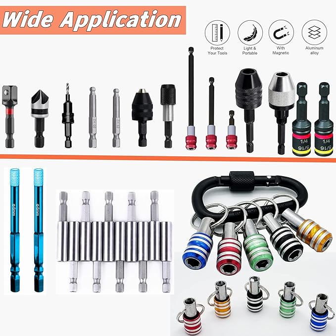 Bit Holder 1/4 inch Hex Shank Screwdriver Bits Holder Extension Bar Keychain Screw Adapter Drill Change Hand-held Screwdrivers Drill Bits Holder Portable (5PCS)