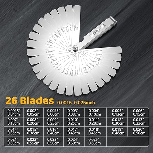 26 Blades Stainless Steel Feeler Gauge, Metric and Imperial Gap Measuring Tool Width and Thickness Feeler Gage Gauge for Spark Plug, Valve Adjustment Tool, 0.04-0.63mm