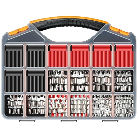 180Pcs AWG2 4 6 8 10 12 Thickened Tinned Copper Electric Wire Lugs，Heavy Duty Battery Cable Lug Ends Ring Terminal Connectors，240Pcs 3:1 Heat Shrink Tubing Assortment Kit (420Pcs)