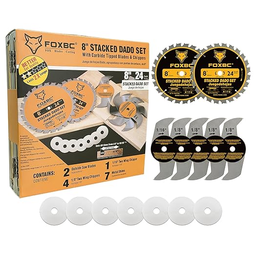 FOXBC 8" Carbide Stacking Dado Blade Set for SawStop, Jet, Dewalt, Bosch Saw - 14 Pieces