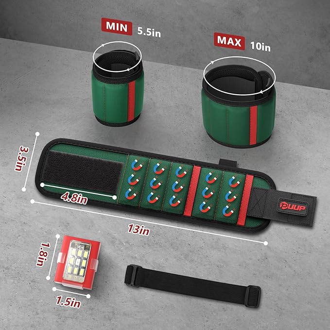 Magnetic Wristband for Tools, Tool Belt Wrist Band with LED Light, 15 Powerful Magnet, Adjustable Wrist Screws Holder, Birthday Gift for Men, Him, Dad, Fathers Day, Mechanics, Woodworker, Handyman