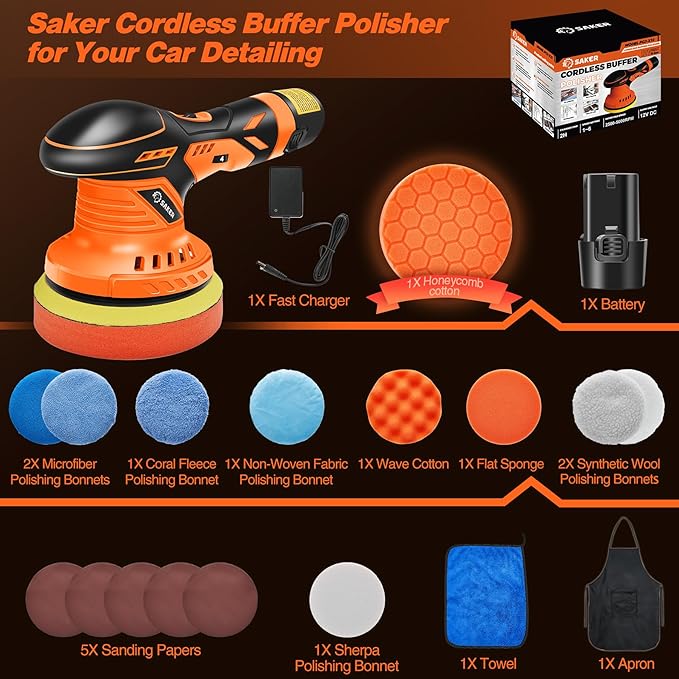 Saker Cordless Buffer Polisher, 6 Inch Fast Charging Portable Car Polishing Kit with 12V 2000mAh Battery, Polisher for Car Detailing Polishing Waxing