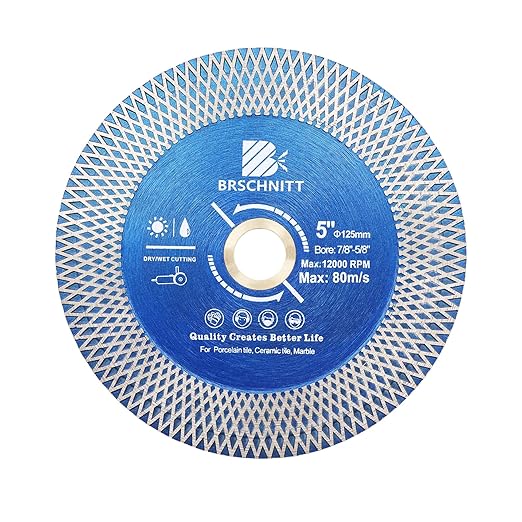 Diamond Porcelain Tile Saw Blade - BRSCHNITT 5" Super Thin Diamond Cutting Grinding Disc with X Teeth Arbor 7/8“-5/8“ for Ceramic Tiles,Granite,Marble Angle Grinder Circle Saw Blade