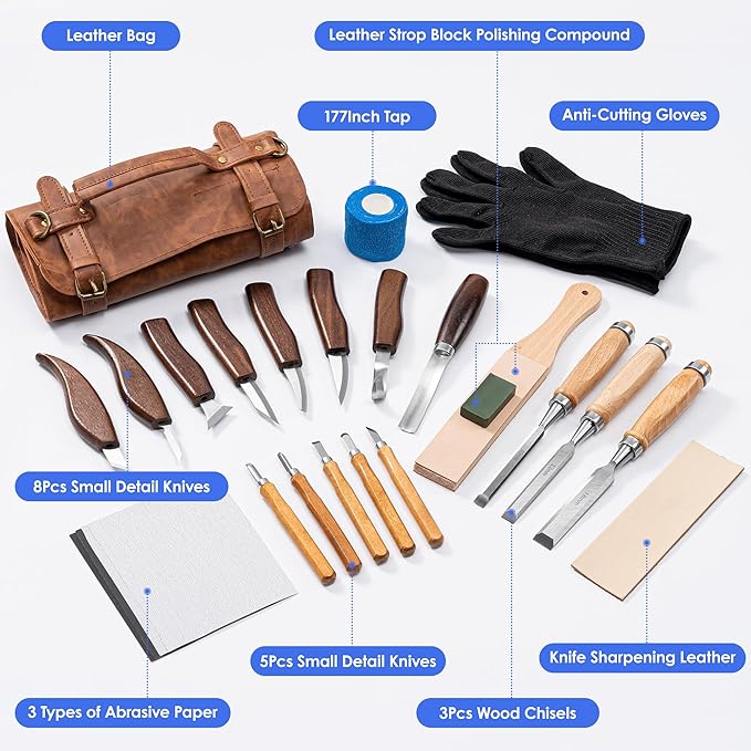 RexTact 25 PCS Wood Carving Kit,Woodworking Tools,Wood Carving Knives with Leather Storage Bag,Whittling Kit,Wood Art Tools 11 Whittling Knives & 5 Detail Carving Knives for Beginner&Professional