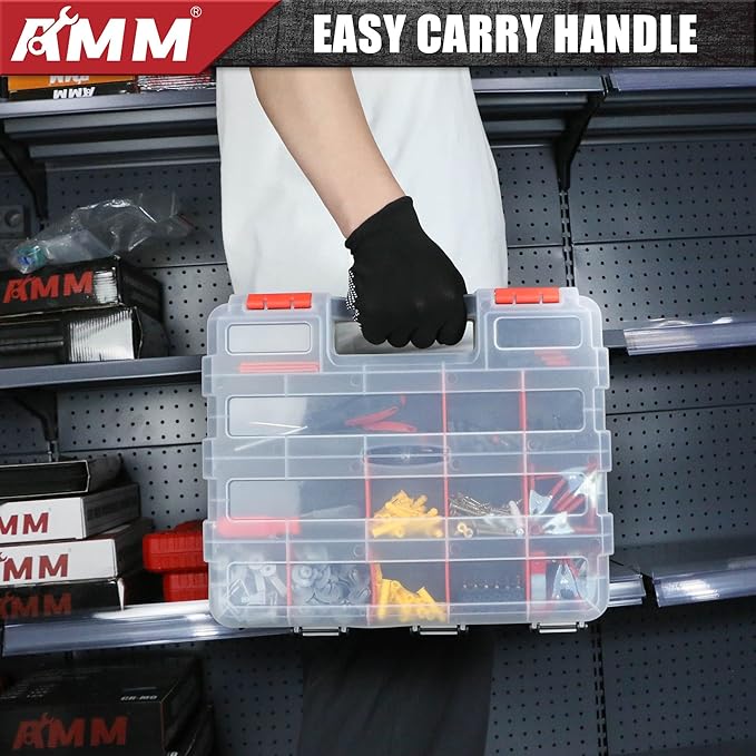 AMM Tool Box, Double Side Tool Box Organizer with 34 Compartments, Removable Dividers, Tackle Box Small Parts Screw Hardware Organizer for Screws, Nuts, Nails and Bolts (1 Piece, Red)