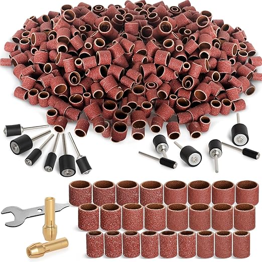 1200Pcs Sanding Drums Kit – 80/120/240 Grit Sanding Bands with 48 Drum Mandrels, 2 Self-Tightening Drill Chucks & 1 Wrench – Tool Accessories Sanding Drum Bits for Rotary Tool