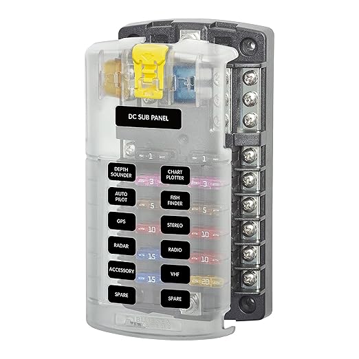 Blue Sea Systems 5026 ST Blade Fuse Block 12 Circuit with Ground and Cover, 100 Amps