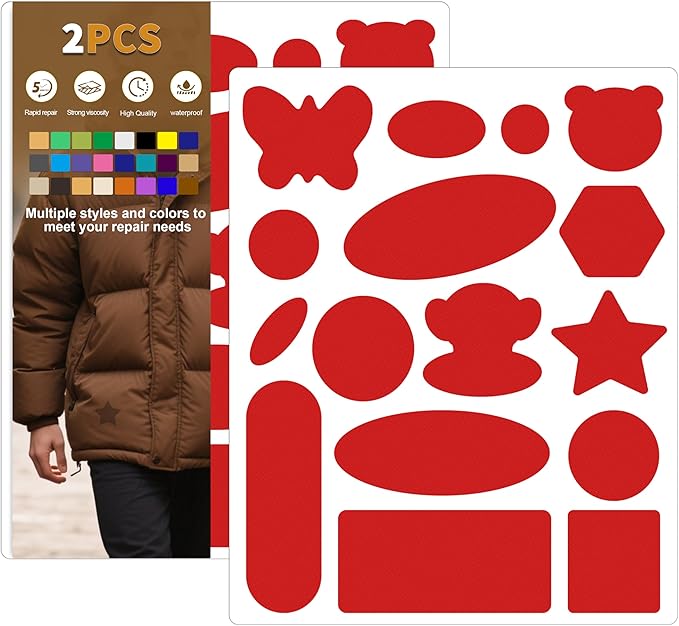 Azobur Down Jacket Repair Patches-Waterproof, Self-Adhesive,Nylon Fabric Patches for Puffy Jackets, Rain and Snow Gear, Tents, Sleeping Bag and More(Red，2pcs)