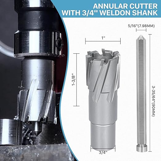 KEENTECH Carbide-Tipped Annular Cutter, 1" Diameter x 1-3/8" Depth, 3/4" Weldon Shank (2 Flat), High Speed Cutting TCT Mag Drill Bit with Pilot Pin for Harder Material, Stainless Steel, Cast Iron