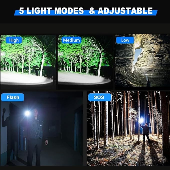 Rechargeable LED Flashlights 10000.00 High Lumens,𝟐𝟎𝟐𝟓 𝐍𝐞𝐰 High Powered Waterproof Tactical Flashlight Spotlight Flashlight for Home, Bright Flashlight Black for Outdoor Camping Emergency