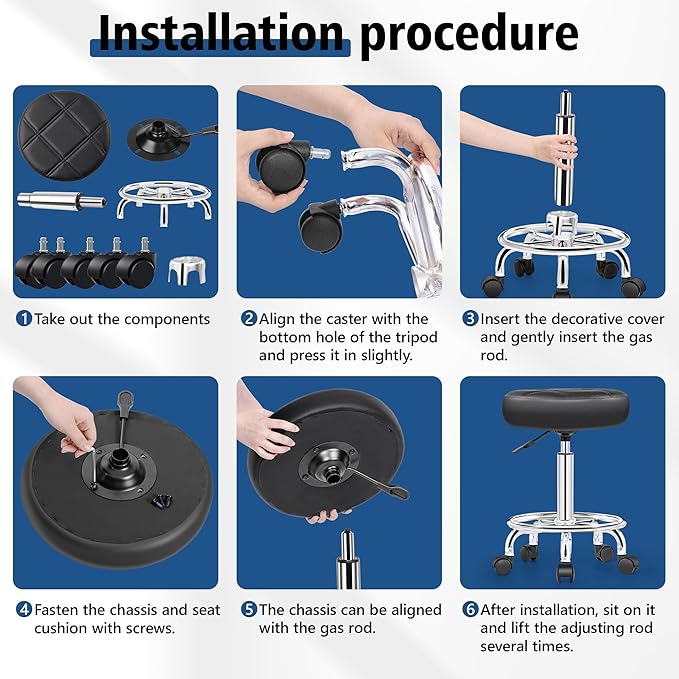 Rolling Stool with Wheels, PU Leather Small Office Chair with Foot Rest,Versatile Adjustable Swivel Stool for Tattoo Massage Salon Spa Teach Medical Facial Office Home Work Kitchen