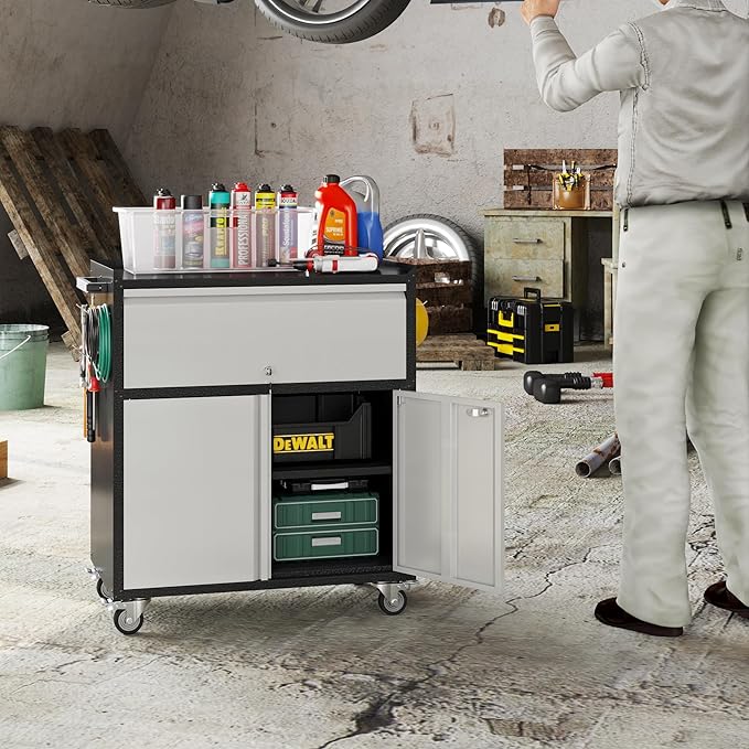 Aobabo Metal Cabinet with Wheels, Rolling Cabinet with 1 Drawer and 4 Hooks, 35" H Steel Garage Storage with Pegboard and Handle, Assembly Required, Black Grey
