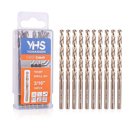 3/16 Inch Cobalt Drill Bits (10pcs), M35 High Speed Steel, 135 Degree Tip, Jobber Length Twist Drill Bit Set for Hard Metal, Stainless Steel, Cast Iron, Wood and Plastic, with Storage Case
