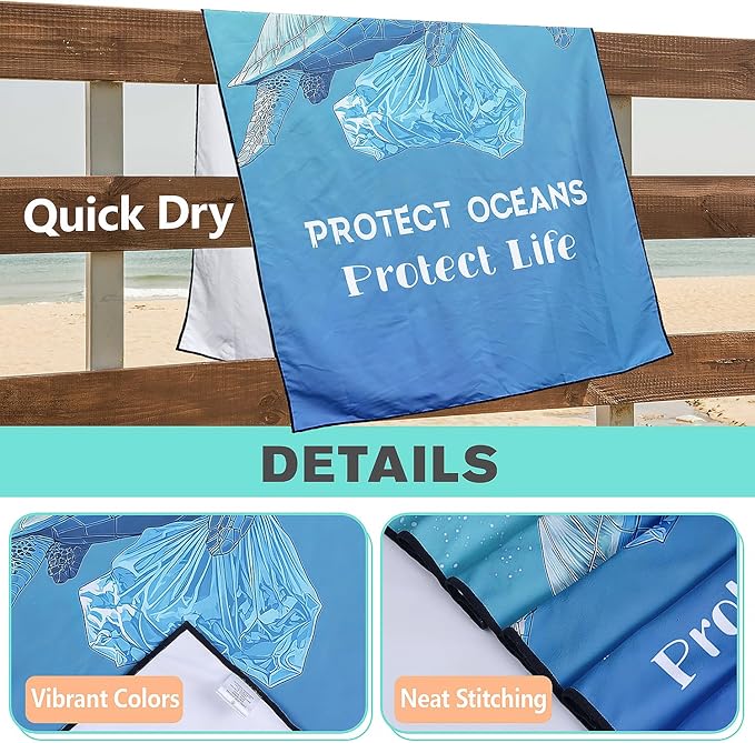 Protect Sea Animals Beach Towel Oversized 36" x 72", Thin Lightweight Sand Free Quick Dry Microfiber Towel for Swimming Pool Cruise Camping Travel