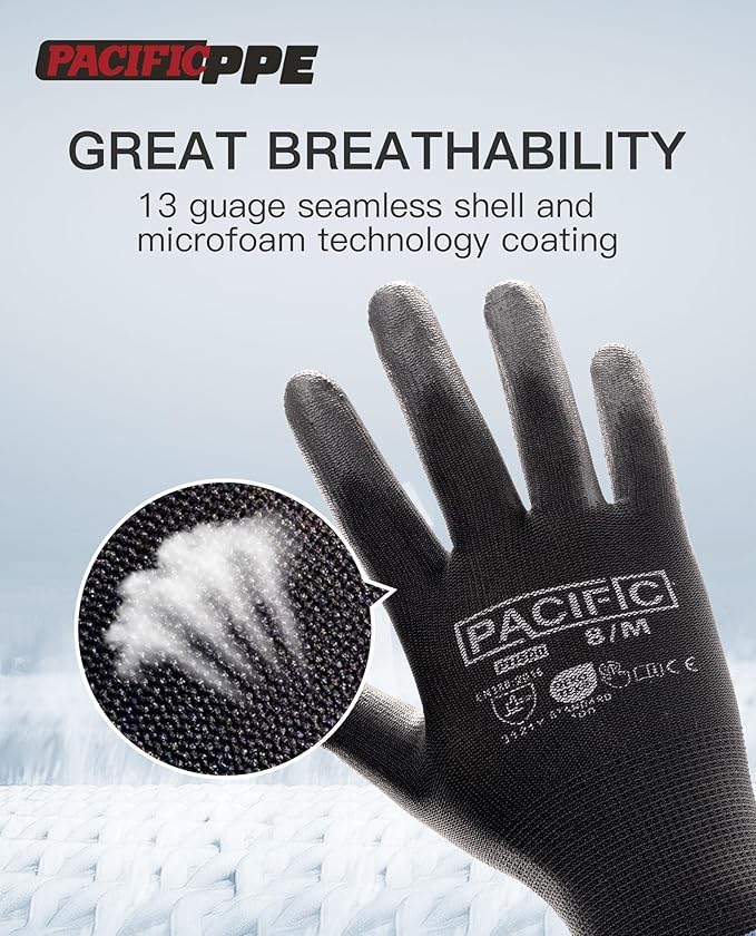 PACIFIC PPE Work Gloves PU Coated-18 Pairs, Touchscreen Working Gloves for Men and Women, Mechanic Gloves, Lightweight, Black, 2X-Large