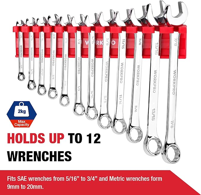 WORKPRO 2-Piece Magnetic Wrench Organizer Rack Set, 24 Slots Fits SAE (5/16' to 3/4') and Metric (9 mm to 20 mm) Wrench Holder Trays to Keep Wrenches Organized
