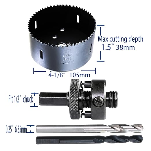 4-1/8 Inch HSS Bi Metal Hole Saw Cutter with Arbor Heavy Duty Hole Saw Bit Cutting Depth 1.5” for Drywall Thick Wood PVC Metal Aluminum